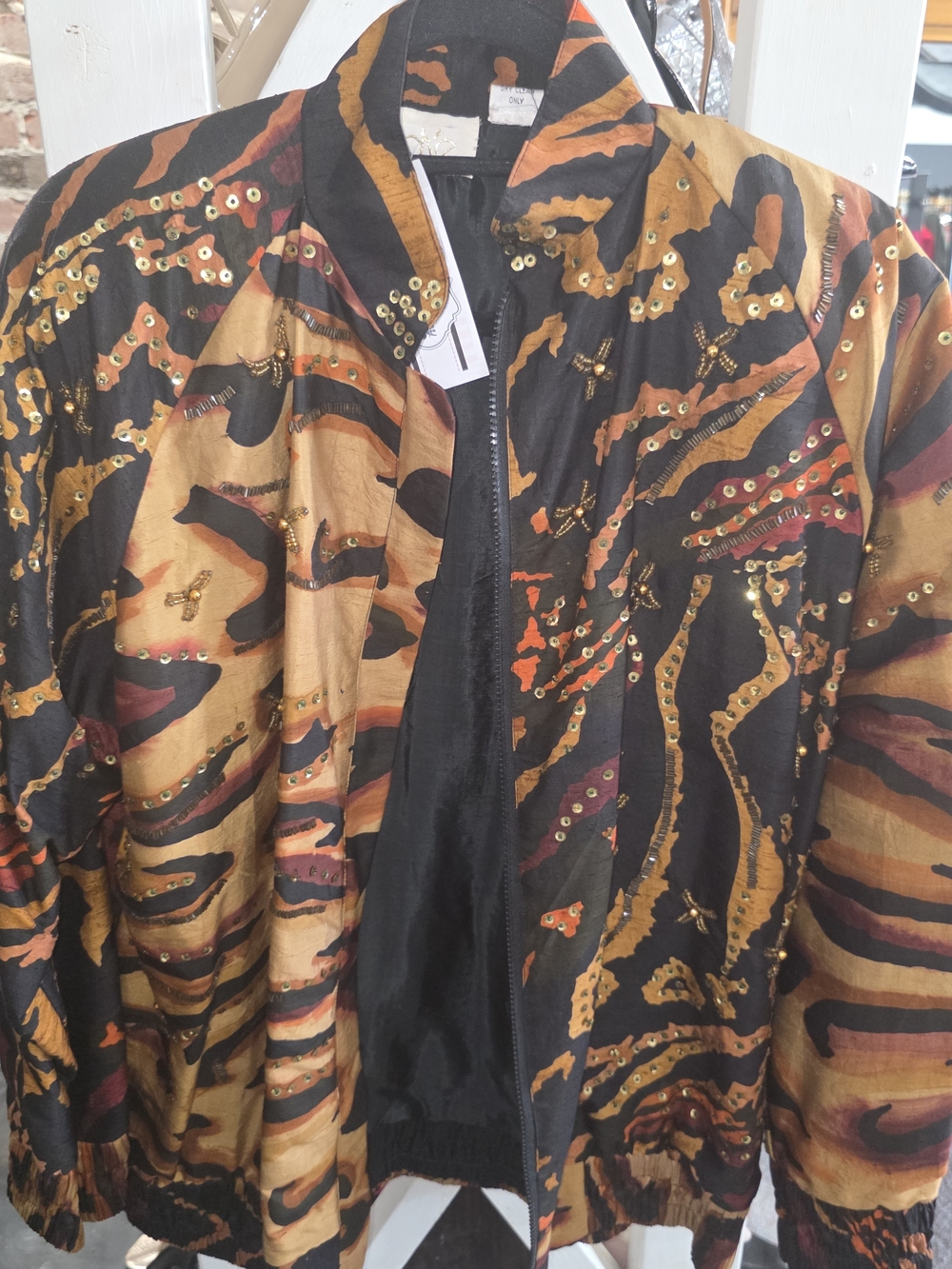 Cache Black, Gold & Rust Animal-Print Sequin Bomber Jacket